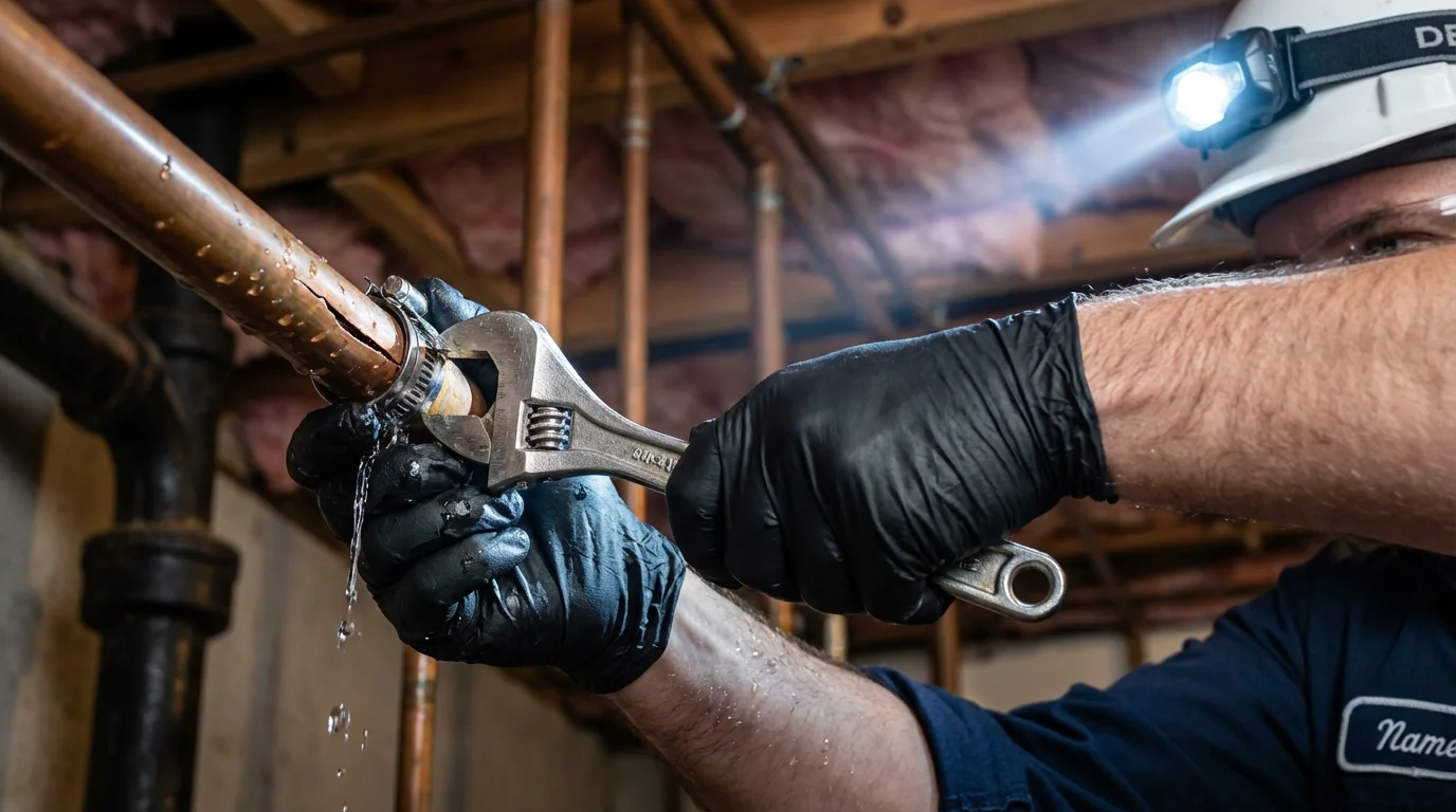 Emergency pipe clamp repair being performed by a Johns Plumbing LLC plumber in Coronado
