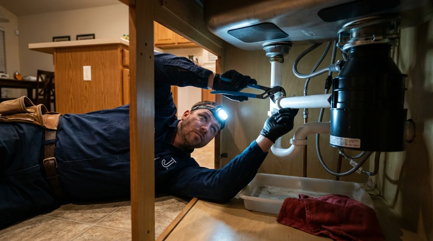 P-trap and supply line connections under a kitchen sink showing a common leak point in Coronado, CA
